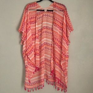 Boho bright pink tassels tribal Aztec geometric swim cover up kimono One Size